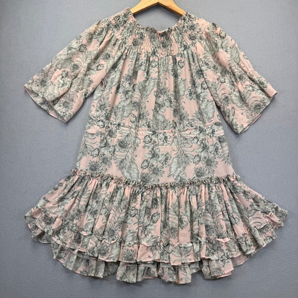 MISA Los Angeles Pink Floral Smocked Off Shoulder‎ Ruffle Mini Dress XS USA Made
